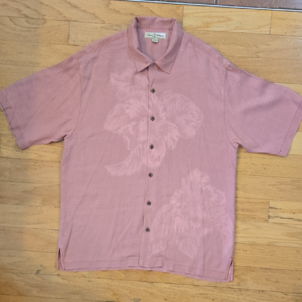 Tommy Bahama Mens 100% Silk Camp Shirt Hawaiian Floral Coral   And PInk Size L
